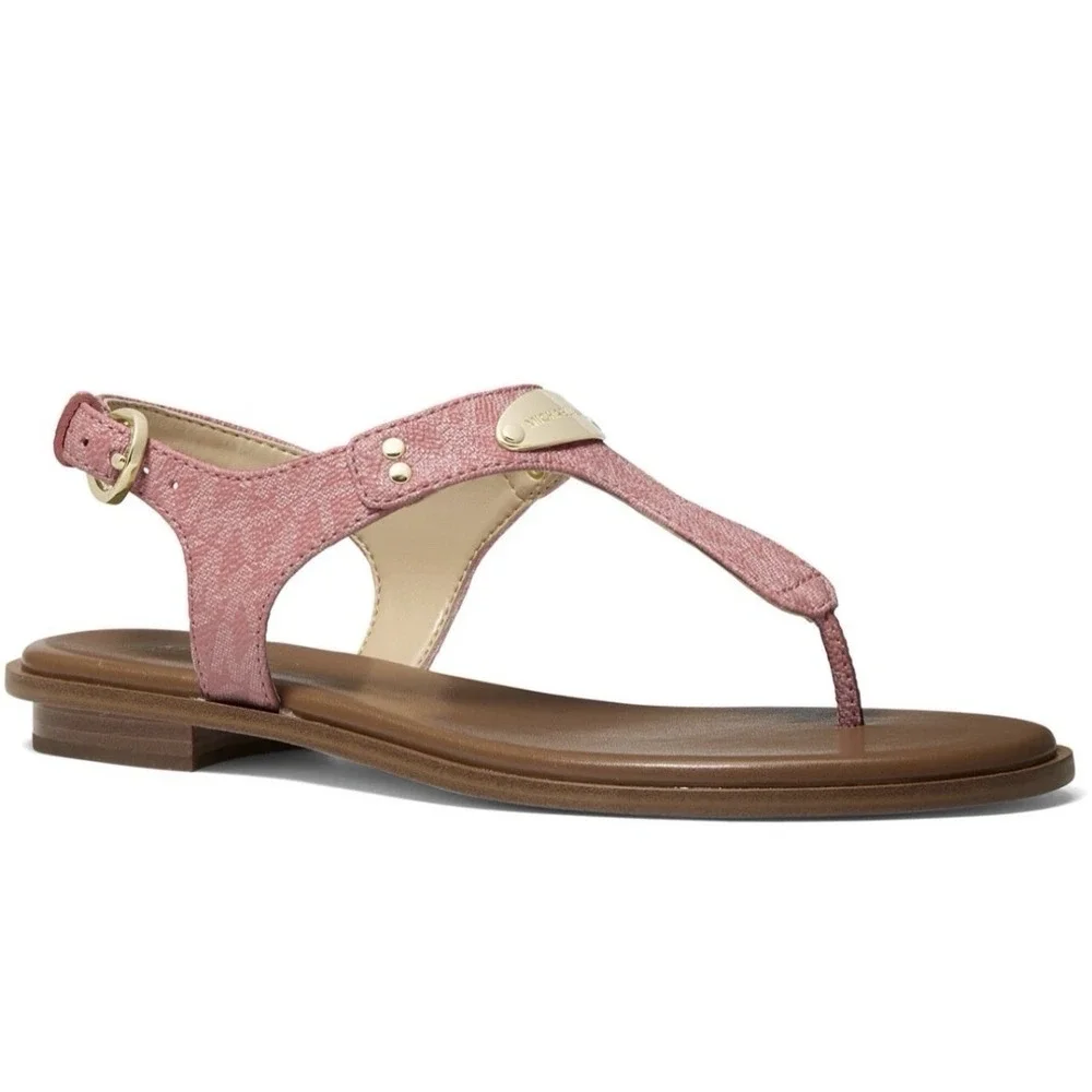 Michael Michael Kors MK Plate Flat Thong T-Strap Sandals Pink Gold 9.5M